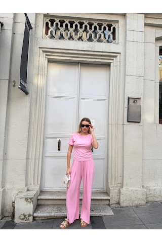 Bonacosa Kadın Viskon 3 Lü Takım Kimono + Beli Lastikli Salaş Pantolon + Kısa Kol Tshirt 8 Renk Pembe
