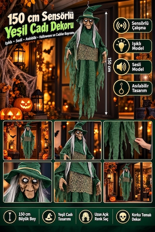 Halloween Cadılar Bayramı Sensörlü Sesli Işıklı Asılabilir Büyük Yeşil Cadı Korku Süsü 150 Cm Diğer