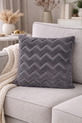 Peluş Dekoratif Kırlent Kılıfı İskandinav Zigzag-balıksırtı 4 Lü Set 42x42 Cm Antrasit Füme