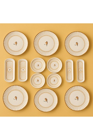 Seramık 6 Kısılık Kuş Desenlı 14 Parca Seramık Kahvaltı Takımı Beyaz