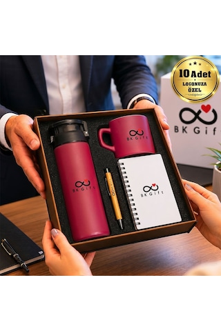 Logonuza Özel 10 Adet Ahşap Kutulu Fuşya Kurumsal Hediye Seti Cam Suluk, Seramik Fincan, Defter Ve Kalemli Promosyon Seti