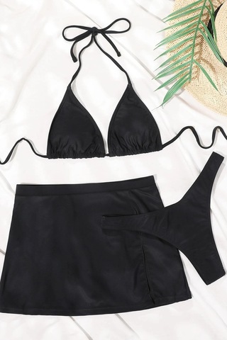 Angelsin Deniz Etekli 3 Lü Bikini Takım Çıkartılabilir Kaplı Siyah