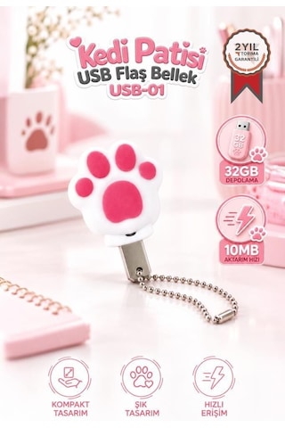 Premium Veri Deposu Ofis Eşyası Günlük Usb Flash Bellek 32gb Kedi Patisi Usb01 Beyaz