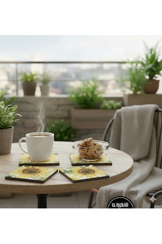 10x10 Traverten Eskitme 4 Lü Takım El Yapımı Çiçek Desenli Bardak Altlığı Sarı