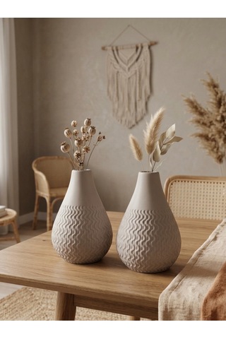 Kaveld Vela 2'li El Yapımı Mermer Tozu Vazo, Armut Form Minimalist Kuru Çiçek Vazоsu Tuval