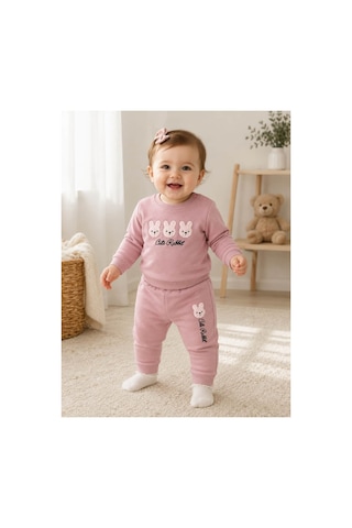 Haknur Cute Rabbit Baskılı Eşofman Takımı - Pudra Pembe