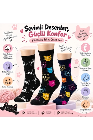 Çorap Giyim Unisex Kedi Desenli Çorap 6'lı Set Pamuklu Renkli Uzun Soket Dikişsiz Nefes Alan Rahat Günlük Çorap Çok Renkli
