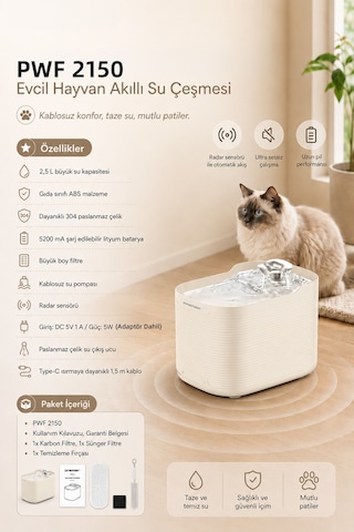 Pwf 2150 Akıllı Otomatik Sensörlü Kedi Köpek Paslanmaz Çelik Su Çeşmesi 2,5l - Petmate Flowsense - Krem