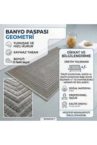 Pamuklu Kaymaz Taban Dikdörtgen Banyo Paspası Yüksek Emici Pamuk Dokuma Halısı Gri - Bej