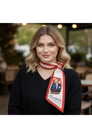 Mavi Masal Atatürk İmzalı Kırmızı Beyaz Kadın Fular Atatürk İmzalı Kadın Fular Kırmızı Beyaz Atatürk Portreli Fular
