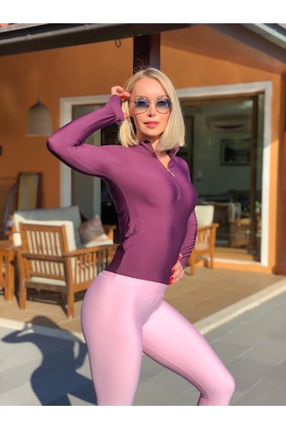 Lismina Mürdüm Rengi Parmağa Geçmeli Fermuarlı Uzun Kol Spor Bluz Mürdüm