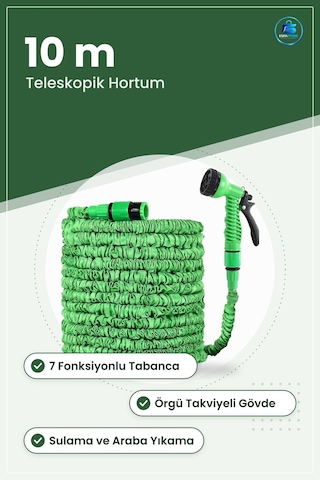 Uzayan Teleskopik Bahçe Hortumu 10 M 7 Fonksiyonlu Tetikli Tabanc