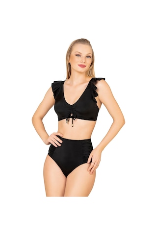 Endeep Kadın Fırfırlı İp Detaylı Yüksek Bel Bikini Takımı Siyah