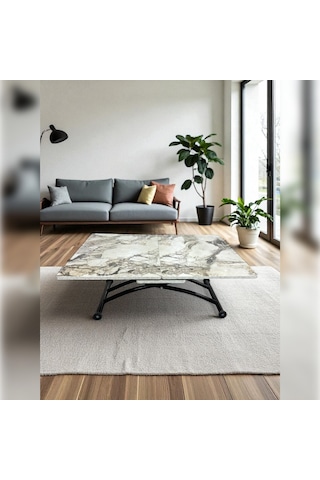 Ortadan Açılır Akıllı Masa Üst Mdf Beyaz Mermer Alt Ayak Siyah