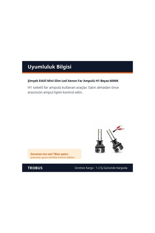 Trobus Şimşek Etkili Mini Slim Led Xenon Far Ampulü H1 Beyaz 6000k
