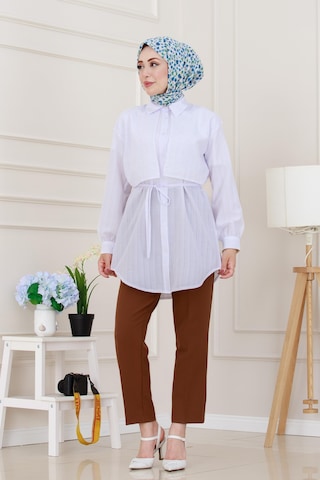 Sevitli Beli Bağcıklı Allerli Taşlı Tunik-beyaz-5222 Beyaz