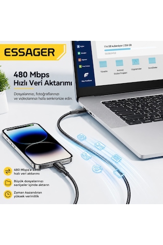 Essager Usb-c To Lightning 29w Hızlı Şarj Ve Data Kablosu 480 Mbps Veri Aktarımı, Dayanıklı Örgülü Kablo 1 Metre