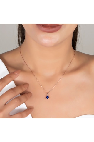 925 Ayar Gümüş Damla Safir Kolye, 14 Ayar Altın Kaplama Kolye, Sevgiliye Anneye Doğum Günü Hediyesi Gümüş