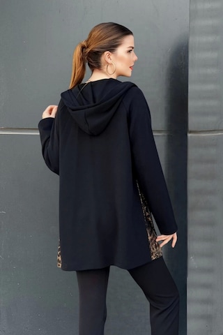 Kapüşonlu Leopar Desen Garnili Cepli Hırka Siyah