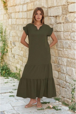 Kadın Uzun Eteği Fırfırlı Kısa Kol Apolet Detaylı Salaş Günlük Rahat Elbise 3761366 Haki