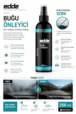 Edde Araba Araç Oto Cam Buğu Giderici Buğu Önleyici Sprey Buhar Önleyici Anti-fog 250 Ml Oto Detailing