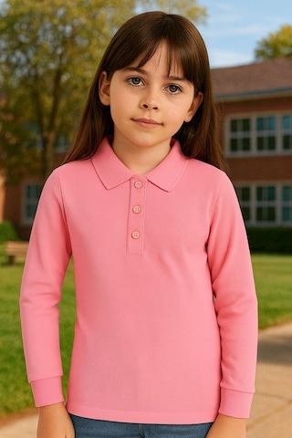 Esila Kids Çocuk Tişört Uzun Kollu Polo Yaka Tişört Seti Pamuklu Okul Üniforma Ve Tişört 5-14 Yaş 6340 Pembe