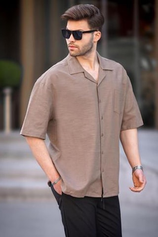 Madmext Kahverengi Kısa Kollu Oversize Erkek Gömlek 6737 Kahverengi