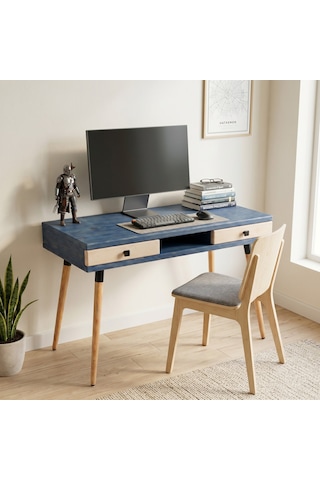 Mobenta Modest Desk: Masif Çalışma & Laptop Masası 2 Çekmece 1 Bölme - 120x60 Ig-bz Mavi-krem