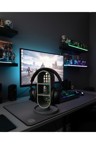 Elana Design Raflı Gamer Kulaklık Standı & Masa Üstü Organizer 1 Adet Mini Figür li - Galaksi Gri