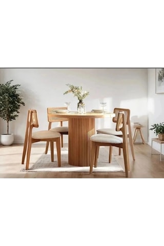 Depp Yuvarlak Ahşap Masa Takımı Bohem 4 Kişilik Mutfak Masa Sandalye Takımı Krem