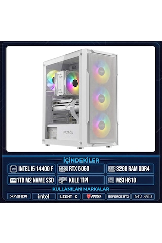 Xaser Light X80 i5-14400F 32 GB 1 TB M.2 NVMe SSD 8 GB RTX5060 Free Dos Masaüstü Oyuncu Bilgisayarı