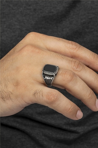 Oniks Taşlı Çift Tarafı İsimli Pençe Motifli Gümüş Erkek Yüzük -8279 Gümüş