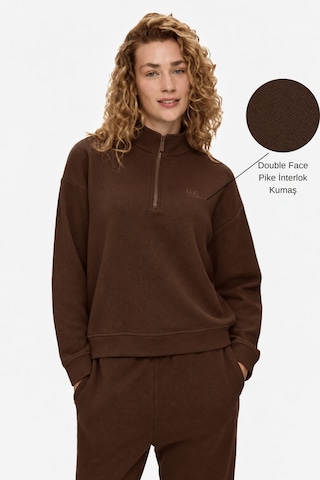 UCLA Ruelle Koyu Kahve Yarım Fermuarlı Nakışlı Pamuklu Loose Fit Kadın Pike Sweatshirt Koyu Kahverengi