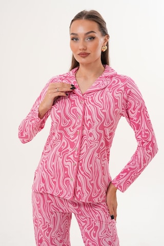 Çift Kaplan Kadın Pamuk Gömlek Yaka Önden Düğmeli Pembe Pijama Takımı 7023 Pembe
