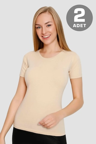 Hadpols Özel Seri Kadın Ten Rengi Basic Tişört 2'li Paket Temel Parça Tekstil