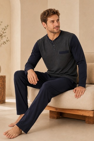 Loule Erkek Lacivert Jakarlı Yazlık Kışlık Pijama Takımı 4 Parça