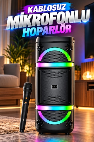 Bs-115 Kablosuz Mikrofonlu Bluetooth Hoparlör Çift 8 Inç Rgb Işıklı Karaoke Tws Usb Destekli