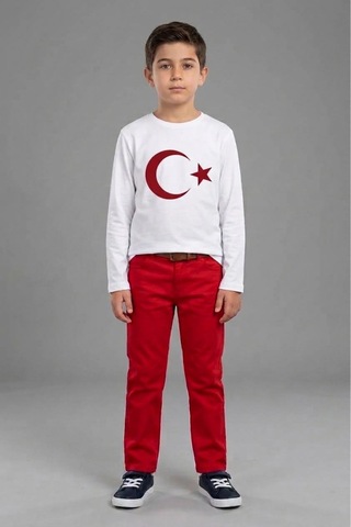 Çlm Store Likralı Kırmızı Pantolon Ve Uzun Kollu Ayyıldızlı Tişört Kırmızı-beyaz Kırmızı-beyaz