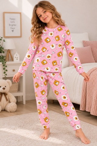 Free Beka Desenli Bisiklet Yaka %100 Pamuklu İnterlok Kumaş Kız Çocuk Uzun Kollu Pijama Takımı Pembe