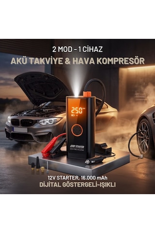 Buffer Akü Takviye Cihazı Ve Lastik Şişirme Pompası Powerbank Özellikli, Dijital Ekranlı Sos Fenerli Taşı
