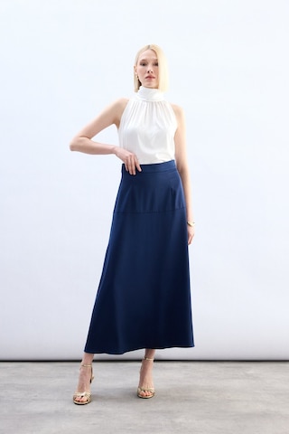 Sateen Yüksek Bel Saten Etek - Lacivert-136785 Lacivert