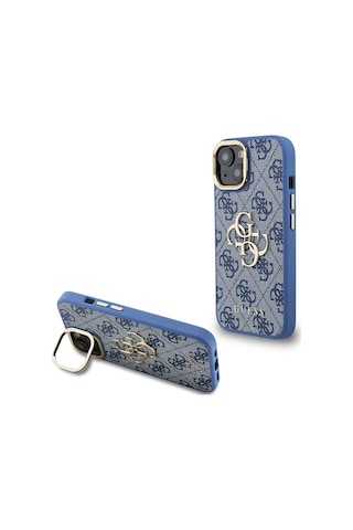 Apple iPhone 15 Uyumlu Kılıf Guess Lisanslı Metal 4g Ve Yazı Logolu Kamera Standlı Kapak Mavi