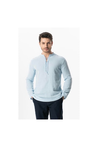 Uzun Kol Doruk V Yaka Bağcıklı Müslin Erkek Yazlık Tshirt Buz Mavi Bmv Buz Mavi