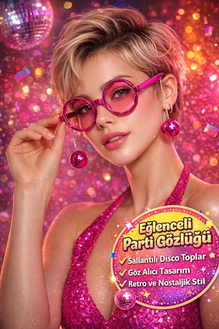 Pembe Disco Toplu Parti Gözlüğü Yetişkin Kostüm Aksesuarı Retro Festival Yılbaşı Kadın Erkek Eğlence