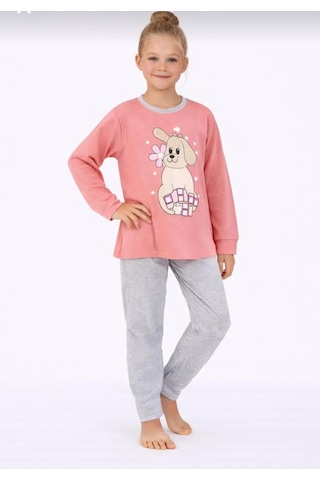 Kız Çocuk Baskılı Uzun Kollu Pijama Takımı Sevimli Ev Giyimi-8408- Pembe