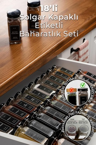 18'li Baharatlık Seti, 120 Ml, Siyah Kapak Ve Etiketli Standsız Takım Çok Renkli