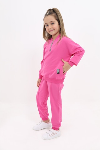 Toontoy Kids Kız Çocuk 2'li Takım Baskılı Kolej Yaka Fermuarlı Cepli Sweatshirt & Beli Paçası Ribanalı Jogger Eşofman Altı - Nervürlü & 2 İplik Fuşya