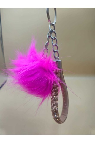 Camel Taşlı Tilki Tüyü Fuşya Angel Anahtarlık