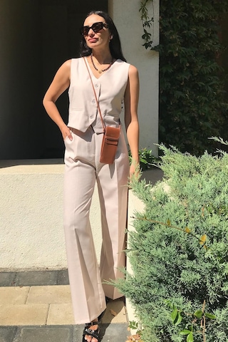 4 Sisters Fashion Bej Yelek Pantolon Takım - Bej