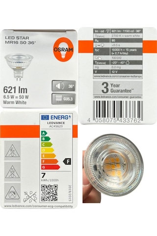 1 Adet Ledvance 12volt 6,5w 50w Sarı 2700k Gu5.3 Duylu İğne Bacak Led Spot Ampul